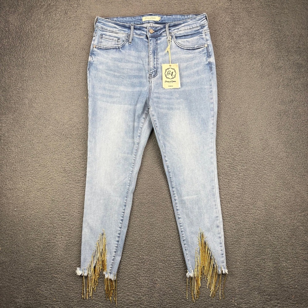 Grace & Emma Rhinestone Fringe High Rise Skinny‎ Jeans Light Wash Size 14